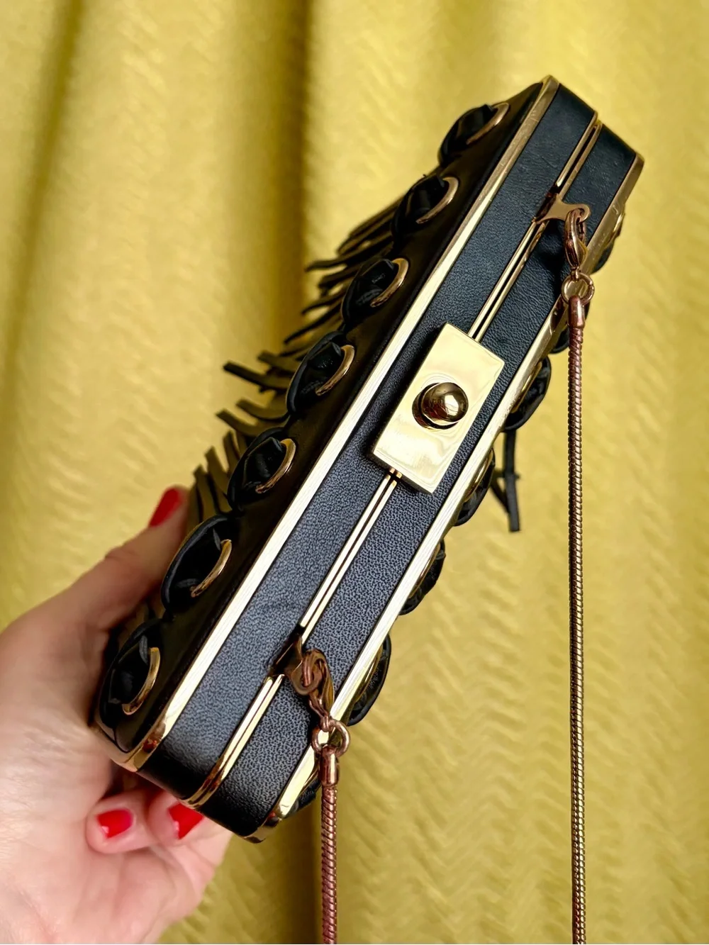 henri bendel Black Leather Fringe Box Clutch with Gold Hardware